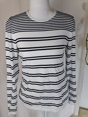J. McLaughlin Classic Navy Blue & White Striped Fine Knit Crewneck Sweater Sz XS